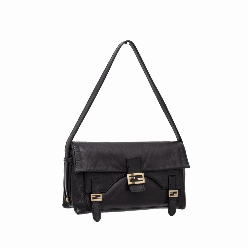FENDI Sweety Sweet FF Baguette Black Napa Leather Shoulder Flap Bag VTG Y2K